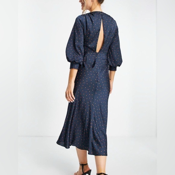 ASOS polka dot Womens 8 Satin Tie Front Midi Dress Button Detail Navy - Picture 3 of 11